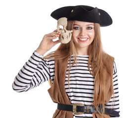 Beautiful female pirate with human skull on white background