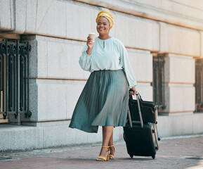City, business and black woman with a suitcase, travel and happiness with coffee, international career and opportunity. Female person, ceo and entrepreneur with tea, luggage and walking with success