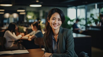 Young asian female happy pretty smiling professional business, happy confident positive female entrepreneur in office business co working, looking at camera, Generative AI