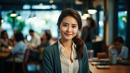 Young asian female happy pretty smiling professional business, happy confident positive female entrepreneur in office business co working, looking at camera, Generative AI