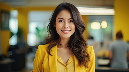 Young asian female happy pretty smiling professional business, happy confident positive female entrepreneur in office business co working, looking at camera, Generative AI