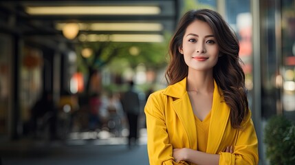 Young asian female happy pretty smiling professional business, happy confident positive female entrepreneur in office business co working, looking at camera, Generative AI