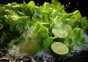 Fresh vegetable salad and food with water splash float on dish with dark studio background. AI Generative