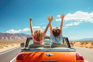 Joyful road trip with family hands up