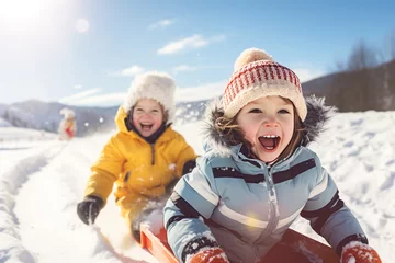 Fotobehang Two adorable little sisters having fun on a sled in the winter park. Generative AI © mila103