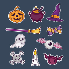 Simple Halloween spooky sticker template: Pumpkin head, witch hat, candy, ghost, bat, skull, candle, vampire.