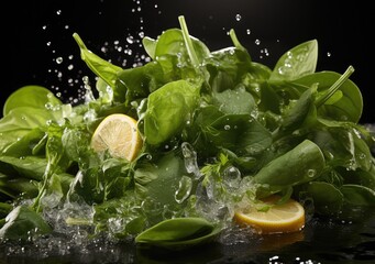 Fresh vegetable salad and food with water splash float on dish with dark studio background. AI Generative