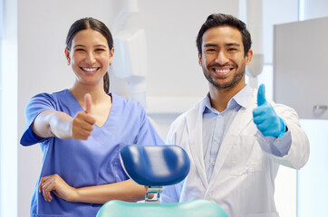Dentist team, happy portrait and thumbs up for support, thank you or like emoji. Assistant woman...