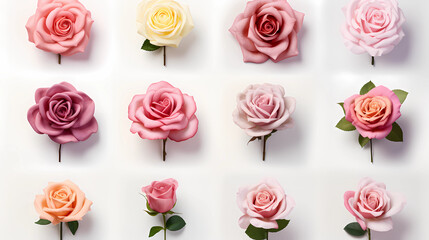 Set Rose flowers white background