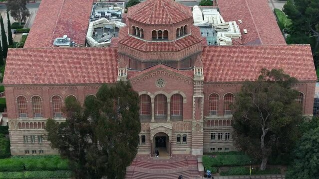 Drone Shot of Instructional Media Building in UCLA Campus, University of California, Los Angeles USA, Close Up