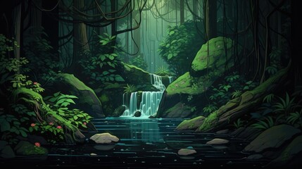 There is a waterfall surrounded by green forest and rocks. (Generative AI)