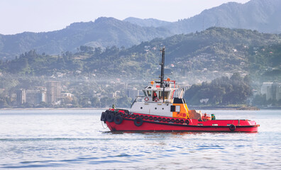 A red towboat with a white wheelhouse sailing along the hilly coast in the early morning © Дворецкая Таня