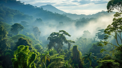 tropical forest panorama in fog. Generative AI