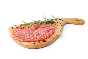 Wooden board with slices of tasty salami on white background