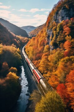 aerial view railway bridge in autumn forest