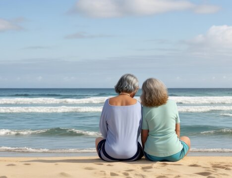 two senior women enjoy the view on sand beach and sea.generative AI
