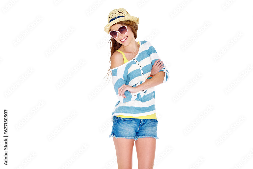 Wall mural summer smile, fashion and happy woman with arms crossed, spring clothes and excited for vacation hol - Wall murals