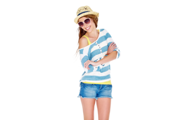 Summer smile, fashion and happy woman with arms crossed, spring clothes and excited for vacation holiday. Happiness, relax style and young female tourist isolated on transparent, png background