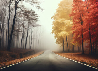 Naklejka na ściany i meble road in autumn forest with misty fog