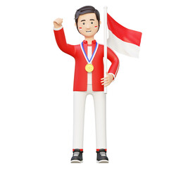 Indonesian man athlete champion holding flag independence day 3d cartoon illustration