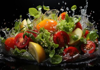 Fresh Mix fruits and salad with water splash float on dish with dark studio background. AI Generative