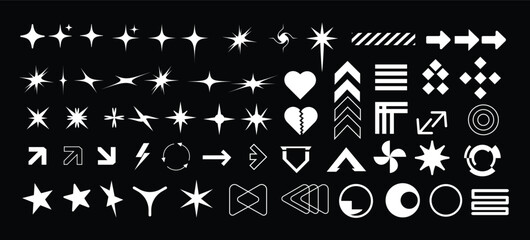 Retrofuturistic Y2K graphic icons, acid shapes, rave elements. Geometric shapes trippy vibe shapes, vaporwave 00s,90s,80s. Lots of elements y2k for graphic design, poster, merch, flyers. Vector set