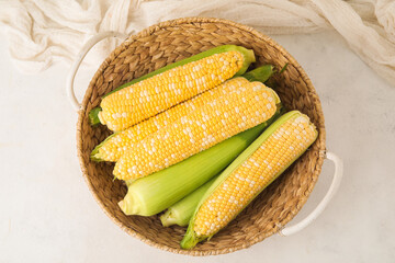 Wicker basket with fresh corn cobs on light background