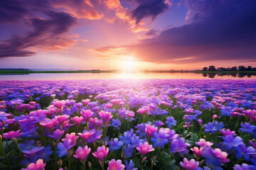field of water hyacinth flowers with a rainbow in the sky