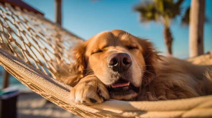 A cute golden retriever dog sleeping while enjoying sunbath in hammock at the beach in summer.