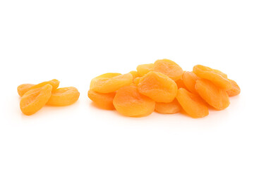 Heap of tasty dried apricots on white background