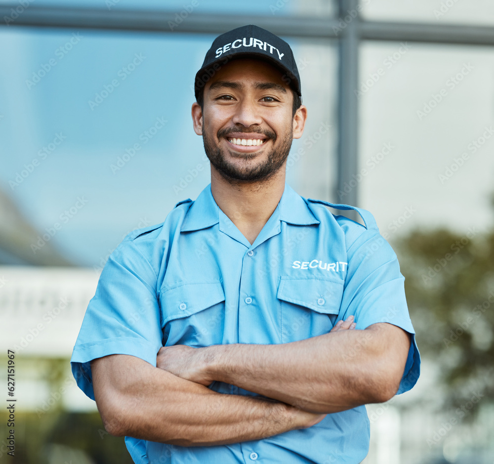 Poster Asian man, portrait and security guard with arms crossed in city for career safety or outdoor protection. Male person, police or officer smile in confidence, law enforcement or patrol in urban town