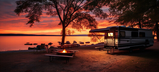 sunset at the lake with RV, camping