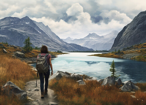 hiker standing on a trail before a lake with beautiful landscape with mountains, clouds and lake