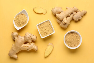 Fresh ginger roots and bowls with dried powder on yellow background