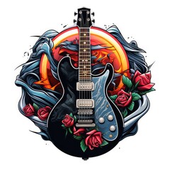 Fototapeta premium Rocknroll culture logo t shirt with guitars and skulls or goat gesture for punk and heavy metal community. AI Generative.