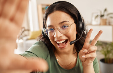 Woman, call center and selfie with smile, peace sign and post with work from home office,...