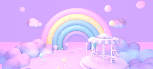 3d rendered pastel rainbow land with carousel.