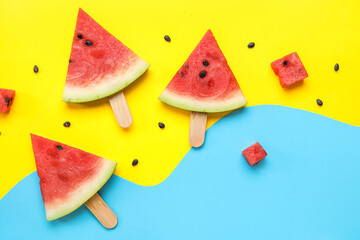 Composition with tasty watermelon sticks on color background