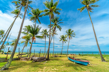 Beautiful tropical beach with fisherman village, coconut palm tree and blue sky.. - 627152923