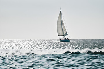 Obraz premium white sailboat crossing the waves.