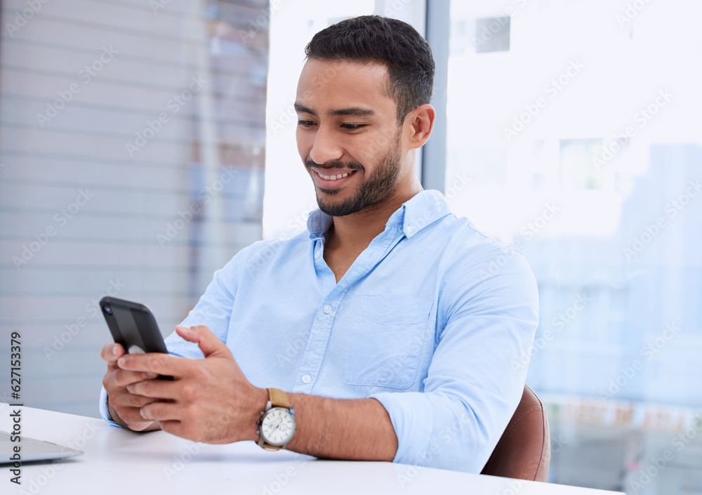 Poster smile, phone and search with business man in office for technology, communication and networking. co