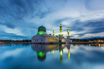 Morning twilight and reflection of Likas mosque or also known as Masjid Bandaraya Kinabalu, Borneo, Sabah, Malaysia - 627153321