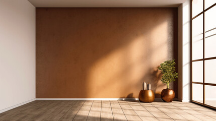 Fototapeta na wymiar Interior modern boho empty room with brown walls and floor. Minimalist design. Generative AI 