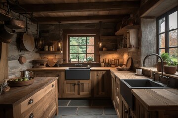 rustic kitchen room with wooden. Generative AI