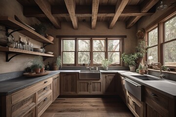 Obraz na płótnie Canvas rustic kitchen room with wooden. Generative AI