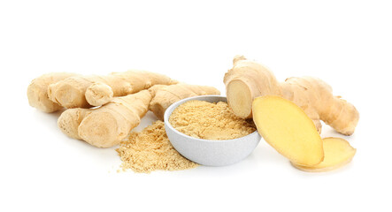 Fresh ginger roots and bowl with dried powder on white background © Pixel-Shot