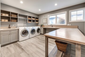 Modern washing machine and shelving unit in laundry room interior. Generative AI - obrazy, fototapety, plakaty