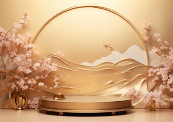 Luxury background with product display podium with silk and japanes background. gold liquid elements decoration. AI Generative.