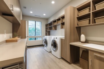 Modern washing machine and shelving unit in laundry room interior. Generative AI