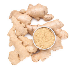 Fresh ginger roots and bowl with dried powder on white background